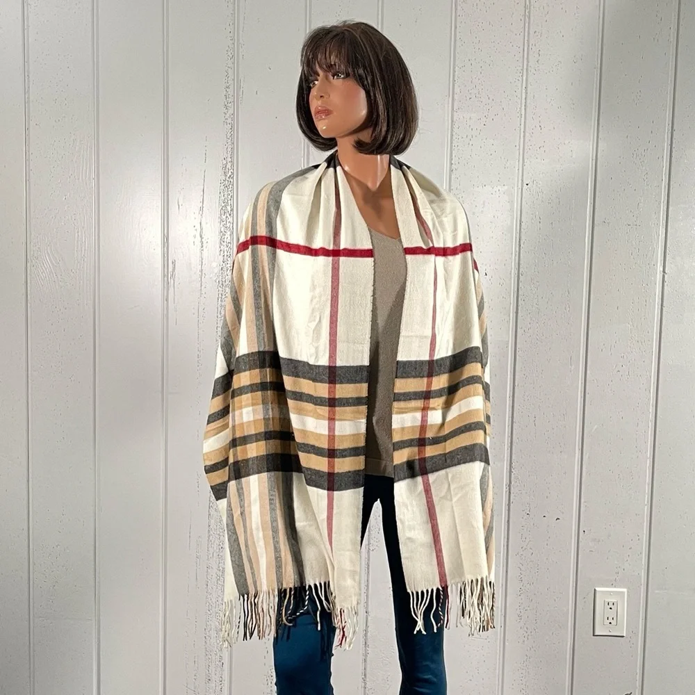 * Women's Oversize Plaid Shawl Scarf Fringe